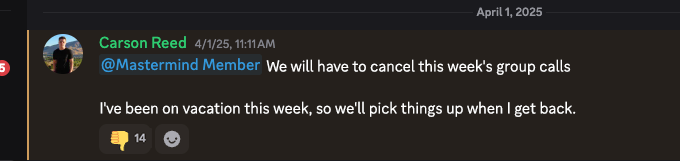 Discord message from Carson Reed canceling weekly group calls on April 1, 2025