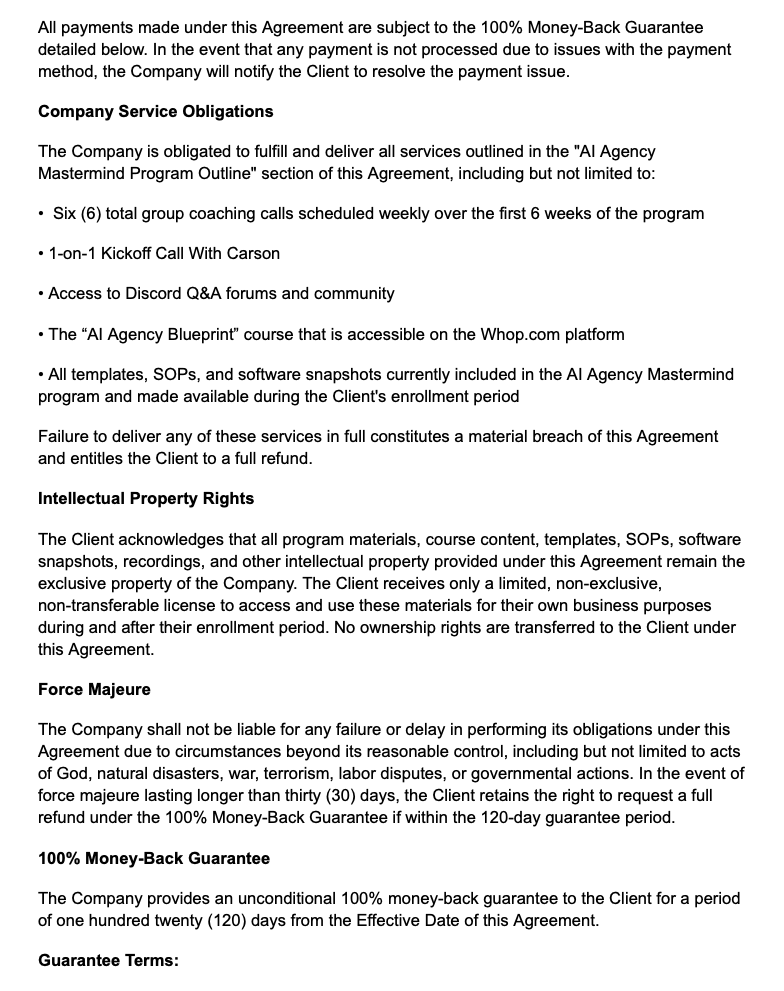 AI Agency Mastermind contract page showing 100% money-back guarantee clause and company service obligations
