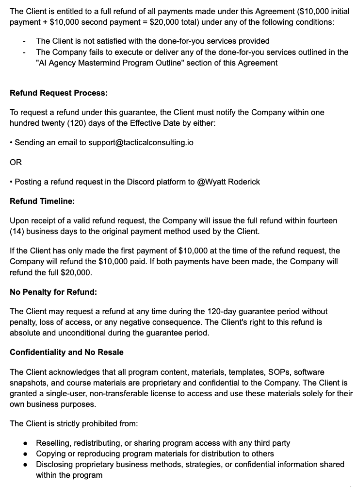 AI Agency Mastermind contract showing refund request process and 14 business day refund timeline