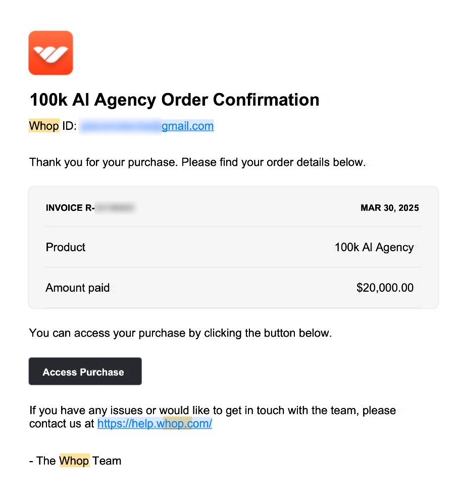 Whop.com order confirmation showing $20,000 payment for 100k AI Agency course